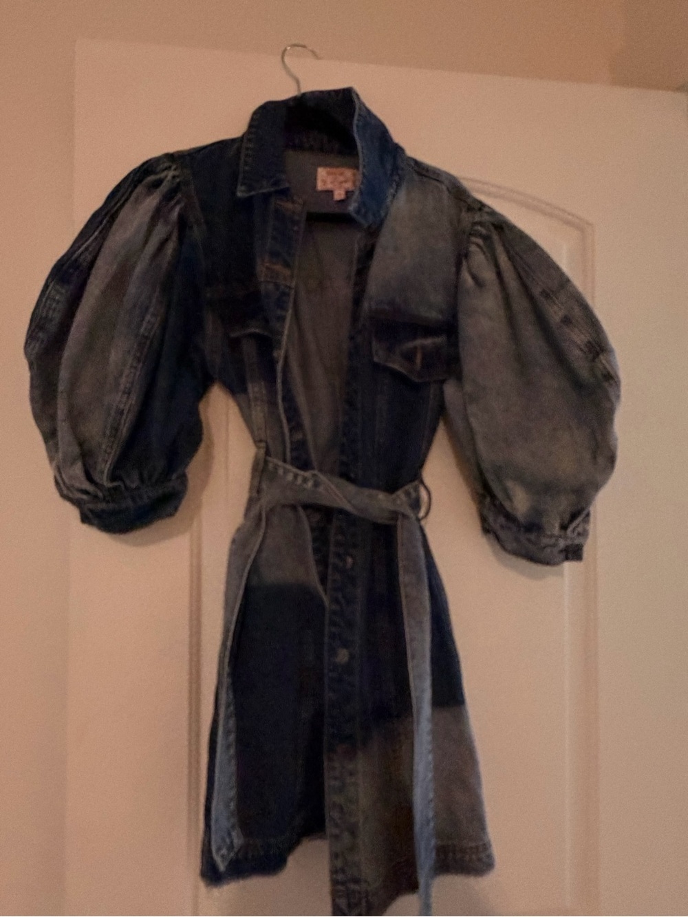 Patchwork Denim Belted Dress with Puff Sleeves - Blue - Picture 2 of 2
